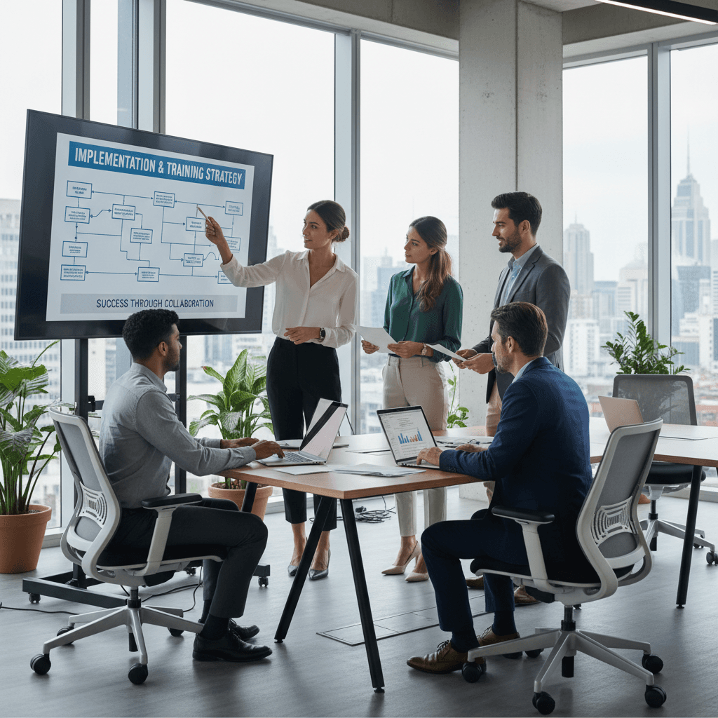 business team in office setting working together on implementation and training