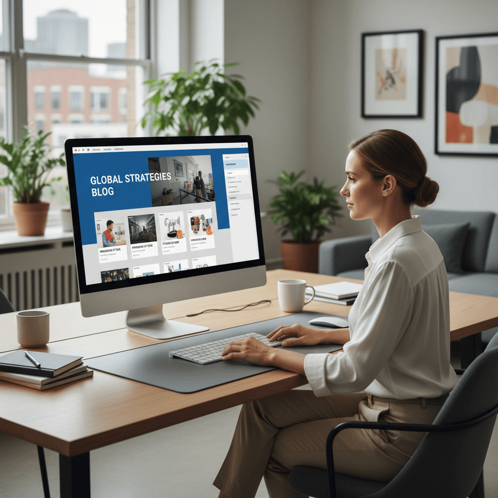 Professional managing website content on desktop computer in modern office